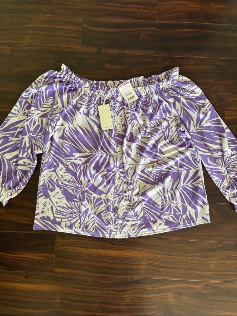 MELLODAY Purple and White Off-Shoulder Tropical Faux Button-Up Top